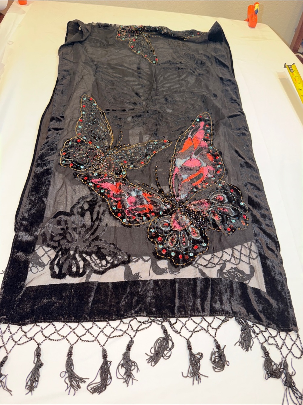 2409102 Shawl, velvet size is 72” x 20” beads butterflies